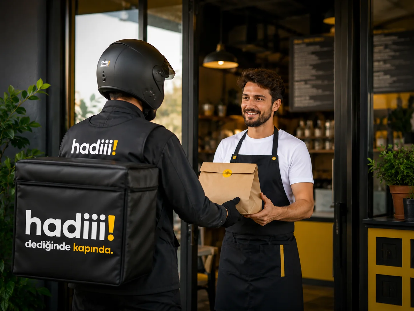 Hadiii kuryesi işletmeden paket teslim alıyor