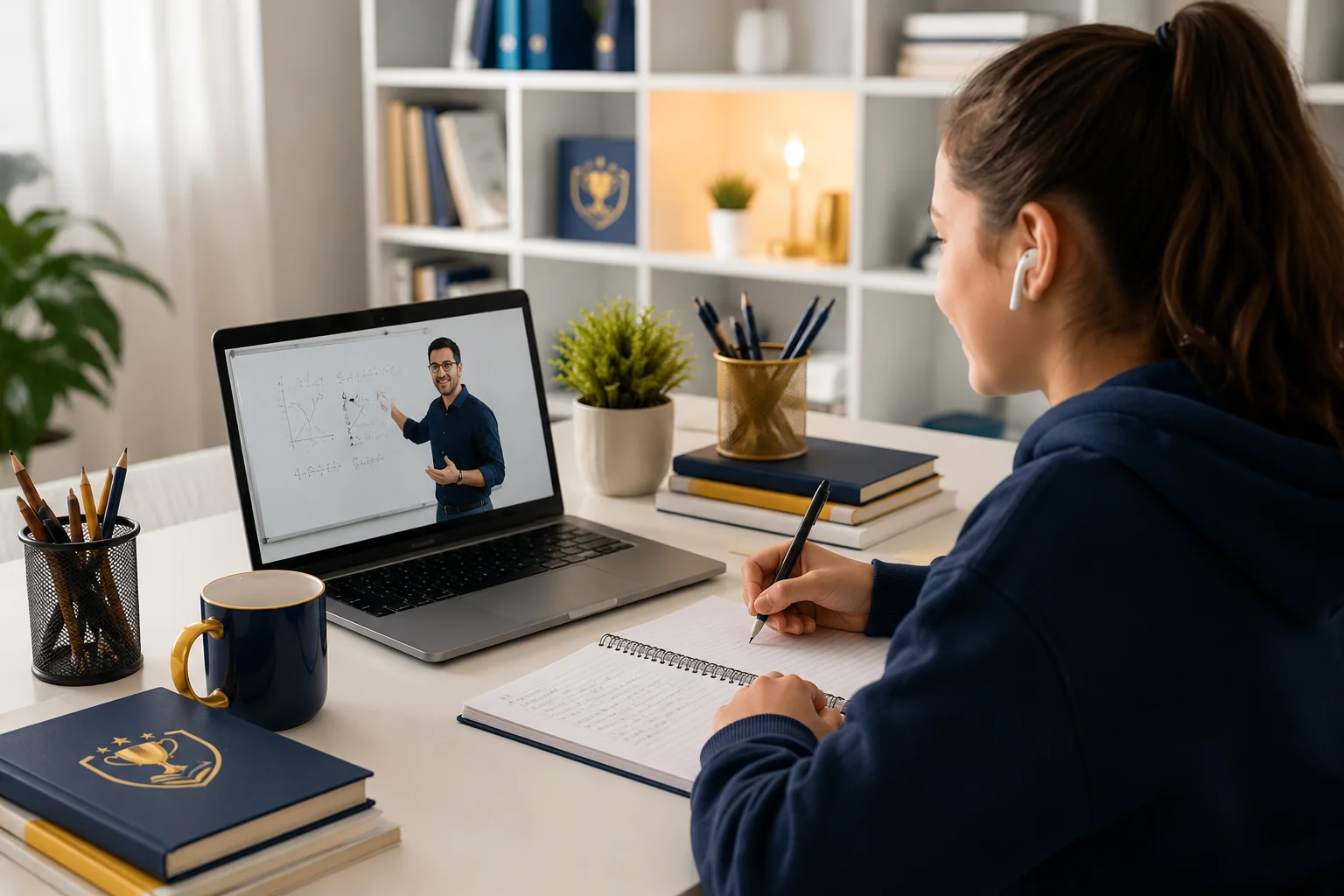 Evinden canlı online derse katılan öğrenci